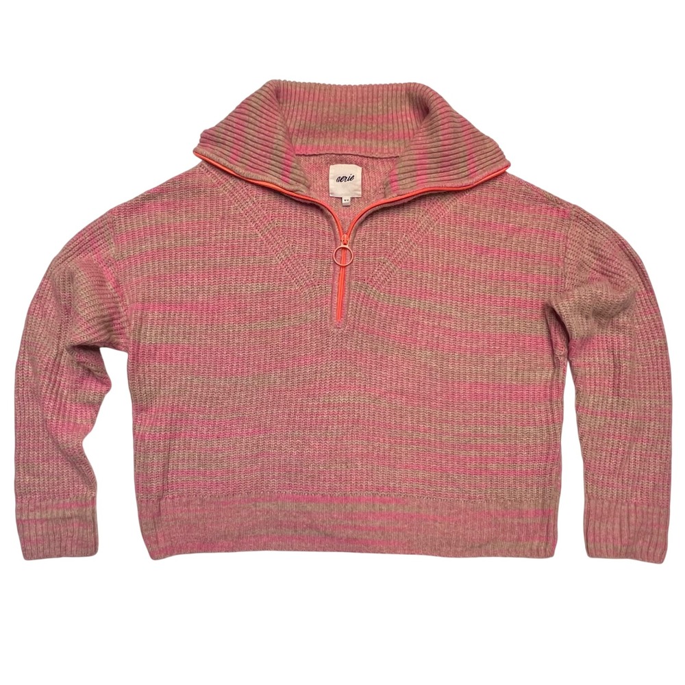 Aerie Pink & Tan Striped 1/2 Zip‎ Cropped Pullover Knit Sweater Size M